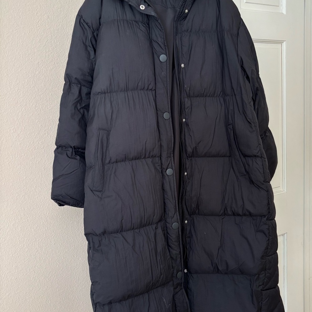 Prologue Black Long Quilted Puffer Coat with Snap & Zip Front